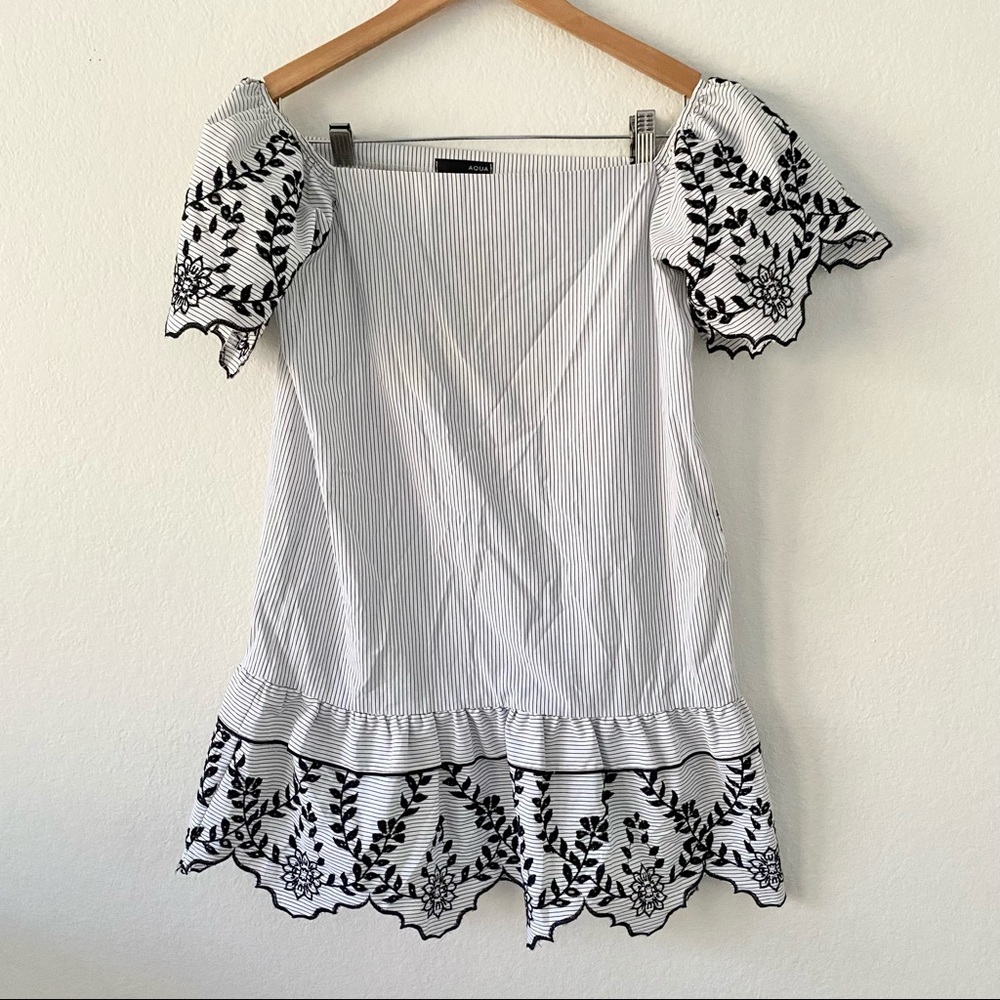 Revolve Aqua Black and White Striped Eyelet Embroidered Mini Dress Sz S